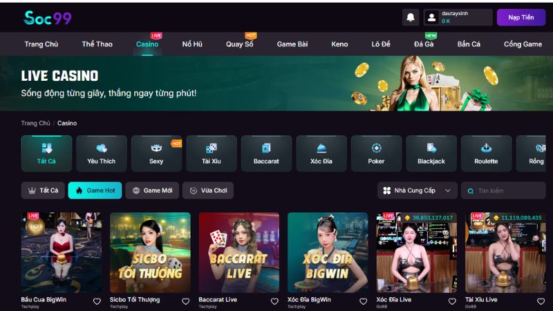 Giới thiệu sảnh casino SOC99 đôi điều tổng quan