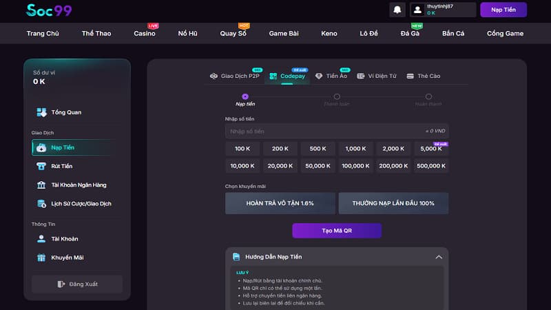 Hướng dẫn nạp tiền SOC99 qua QR Codepay