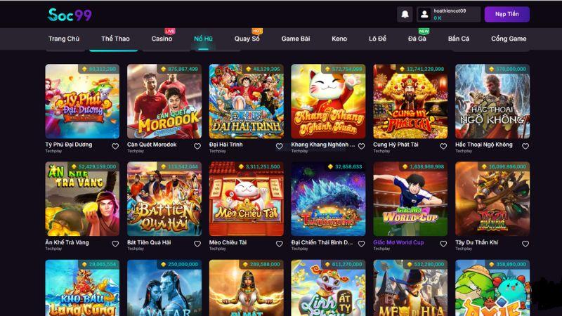 Sảnh nổ hũ tại SOC99 đa dạng game hot